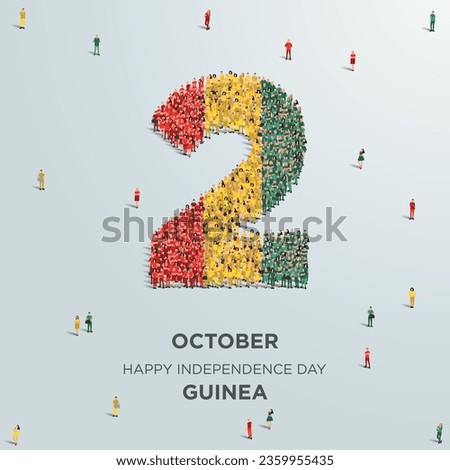 Happy Independence Day Guinea. A large group of people form to create the number 2 as Guinea celebrates its Independence Day on the 2nd of October. Vector illustration.