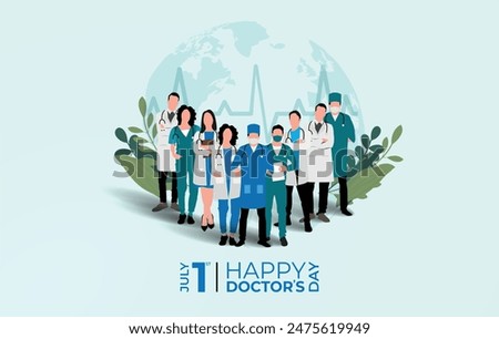 Doctors day. Group of Doctors standing on globe with heart beat line green leaf background.1st July. Medical health care banner design with doctor, stethoscope.