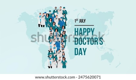 Happy doctors day. A large group of doctors form to create the number 1 as doctors day is celebrated on the 1st of July. world map background Vector illustration.