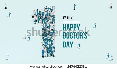 Happy doctors day. A large group of doctors form to create the number 1 as doctors day is celebrated on the 1st of July. Green background Vector illustration.