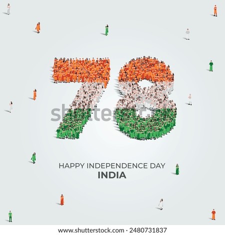 15th of August Happy Independence Day India. A large group of people form to create the number 78. Indian people in traditional dress or clothings. Vector illustration. 