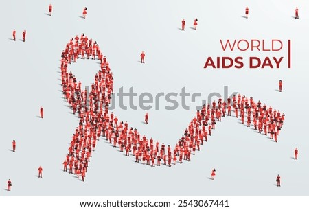 World AIDS Day awareness month concept poster.1st December. Large group of people form to create a red ribbon. Vector illustration.