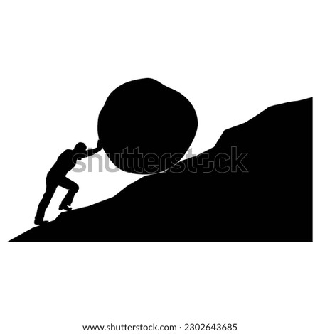 man pushing big boulder uphill. Concept of fatigue, effort, courage, power, force Vector cartoon black silhouette in flat design isolated on white background