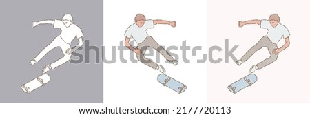 Boy riding and jumping on a skateboard. Skateboarder doing a jumping. Go Skateboarding day. Set of different styles hand drawn flat vector illustration isolated on colored background.