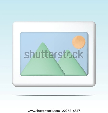 Photo or picture sign, Sun, sky, mountains in frame. 3D vector illustration isolated on light blue background. Photography, gallery concept.