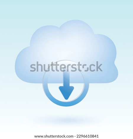 Cloud with down arrow inside circle. Download from cloud. Cute pastel cartoon of cloud computing, cloud network and technology symbol. 3D vector illustration isolated on blue background.
