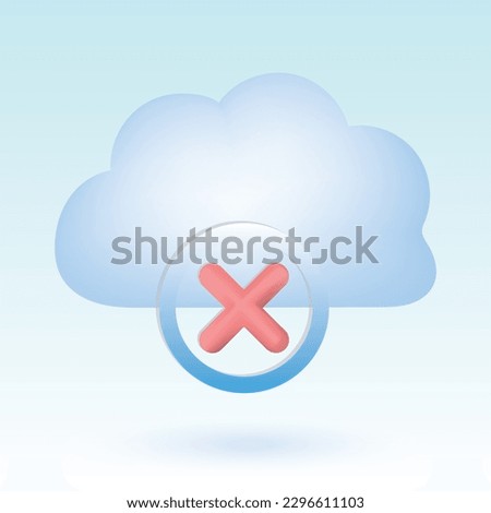 Cloud with cross mark inside circle. Disconnected, error, cancel. Cute pastel cartoon of cloud computing, cloud network and technology symbol. 3D vector illustration isolated on blue background.