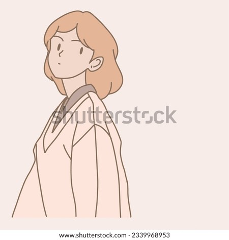 Curious woman glancing over shoulder. Hand drawn flat cartoon character vector illustration.