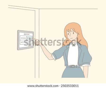 Young businesswoman using smart home system. Employee managing wireless electrical devices in office via tablet computer. Touchscreen on wall. Hand drawn flat cartoon character vector illustration.