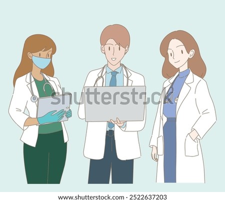 Set of doctors. Therapist, paramedic, nurse, medic workers uniform with stethoscopes working in the healthcare sector, holding computer tablet. Hand drawn flat cartoon character vector illustration.