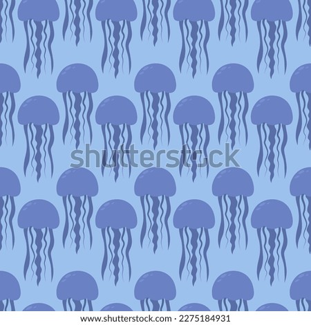 Blue medusa. Eared Aurelia. Seamless vector pattern. Endless ornament of marine invertebrates with tentacles. Flat style. Isolated blue background. Ocean dweller. Idea for web design.