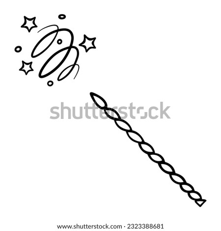 Witchcraft with a magic wand. Sketch. A twisted wand twisted in a spiral creates a swirling movement of fairy dust. Miracle tool. Vector illustration. Doodle style. Outline on isolated background. 