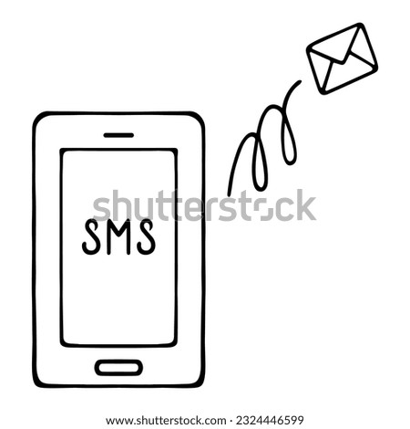 SMS has arrived. Light up message icon on smartphone screen. Sketch. The envelope flies in a spiral. Vector illustration. Doodle style. Outline on isolated background. Coloring book for children. 