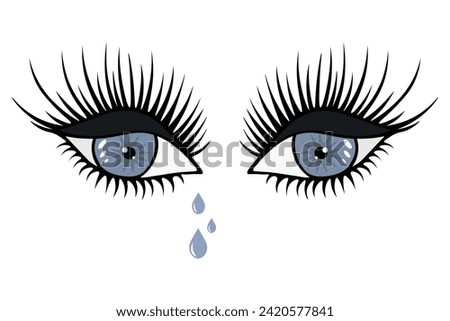 Tears are dripping from blue eyes. Gray shadows on half-closed eyelids. Smokey eye. Crying look. Lush black eyelashes. White highlights on the iris and pupil. Color vector illustration. Cartoon style.