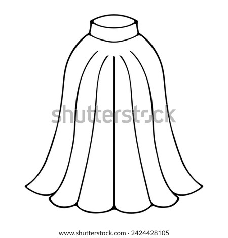 Maxi skirt. Sketch. Women's clothing below the knee length. A full skirt with pleats at the hem. Vector illustration. Doodle style. Outline on isolated background. Coloring book. Ladies' outfit. 
