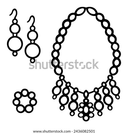 Set of decorations. Sketch. Collection of vector illustrations. A bracelet, a pair of long earrings, a necklace made of dangling beads and a flower in the center. Precious pearl products. 