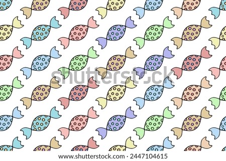 Caramels in colorful wrappers. Seamless horizontal vector pattern. An endless collection of delicious candies in spotted wrappers. Isolated colorless background. Cartoon style. Idea for web design.
