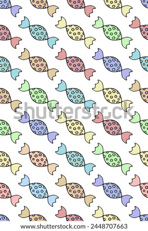 Caramels in colorful wrappers. Seamless vertical vector pattern. An endless collection of delicious candies in spotted wrappers. Isolated colorless background. Cartoon style. Idea for web design.
