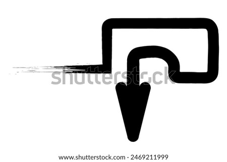 Arrow. Sketch. The black arrow, forming a hook, is directed to the right and down. Hand drawn sign. Vector illustration. Directional signs made from brush strokes. Outline on isolated white background