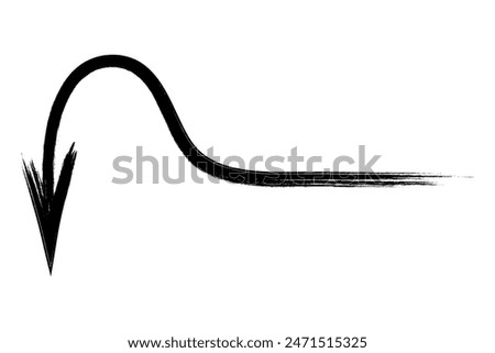 Arrow - hook. Sketch. Arrow direction is left, around and down. Hand drawn sign. Vector illustration. Directional signs made from brush strokes. Outline on isolated white background. 