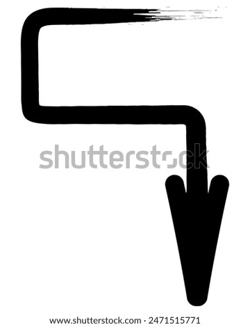 Arrow. Sketch. The black arrow, forming a hook, is directed to the right and down. Hand drawn sign. Vector illustration. Directional signs made from brush strokes. Outline on isolated white background