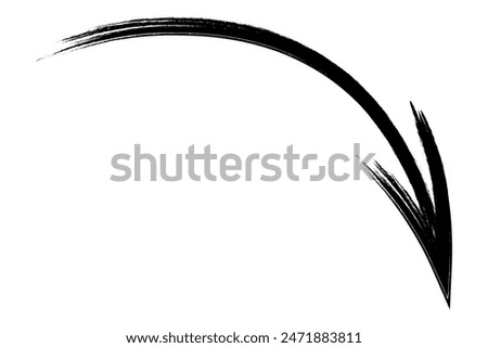 The arrow is rounded. Sketch. The black curved arrow points down and to the right. Hand drawn sign. Vector illustration. Directional signs made from brush strokes. Outline on isolated white background