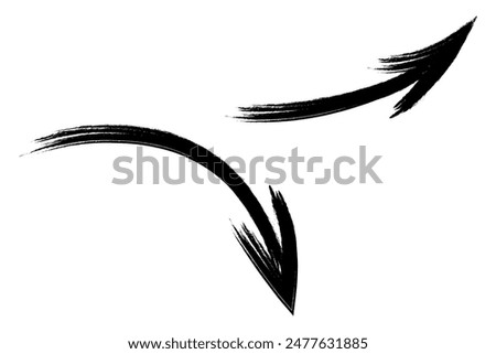 Two arrows. A pair of black pointers pointing to the right, one up, one down. Hand drawn sign. Vector illustration. Directional signs made from brush strokes. Outline on isolated white background.