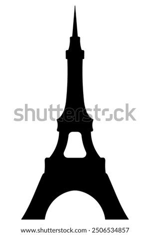 Eiffel Tower. Black silhouette in the shape of the letter A. Paris landmark. Vector illustration. Outline on isolated background. Metal construction with a spire on the end. Idea for web design.