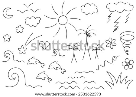 Beach set. Sketch. Vector illustration. Marine collection: dolphins, palm trees, tornado, moon, waves, heart, shooting star. Outline on isolated white background. Doodle style. Idea for web design.