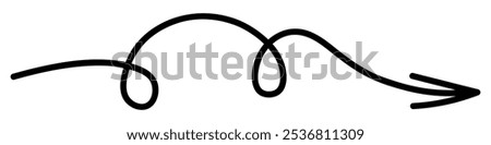 Arrow. Sketch. Black arrow pointer with two curled loops. Vector illustration. Curved guide sign. Outline on isolated white background. Doodle style. Idea for web design.