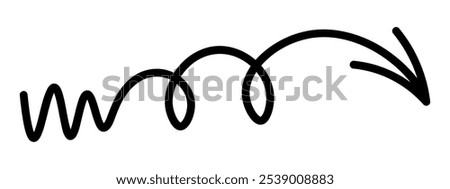 Arrow curly. Sketch. Wavy black arrow with two loops. Vector illustration. Curved sign directed to the right and down. Outline on an isolated white background. Doodle style. Idea for web design.