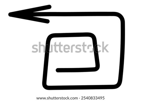 Arrow square. Sketch. Black pointer twists around the square and points to the left. Vector illustration. The sign twists in the shape of a labyrinth. Outline on an isolated white background. 