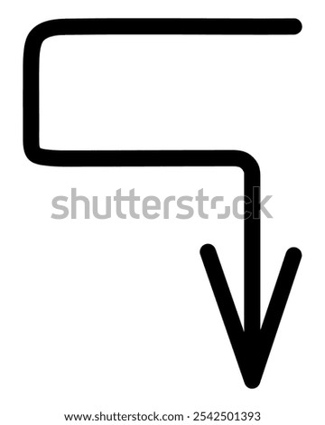 Arrow. Sketch. Black arrow forming a hook directed to the right and down. Hand drawn sign. Vector illustration. Outline on isolated white background. Doodle style. Idea for web design.