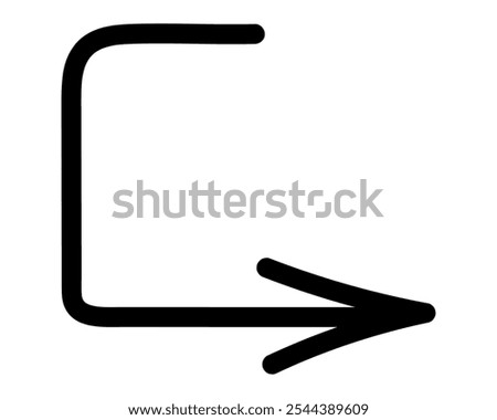 Arrow. Sketch. Black arrow bent at right angle down and to the right. Hand drawn sign. Vector illustration. Outline on isolated white background. Doodle style. Idea for web design.