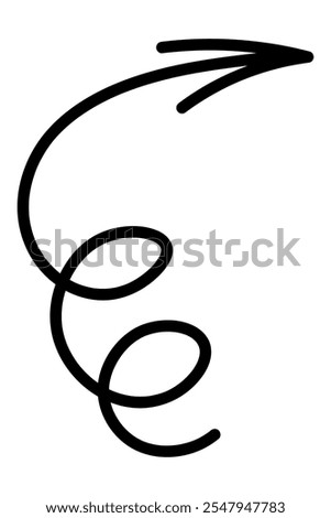 Black spiral arrow. Sketch. Curved up and right direction sign. Vector illustration. Arrow with two curled loops. Outline on isolated white background. Doodle style. Idea for web design.