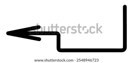 Arrow. Sketch. Black arrow bent at right angles down and to the left. Hand drawn sign. Vector illustration. Outline on isolated white background. Doodle style. 