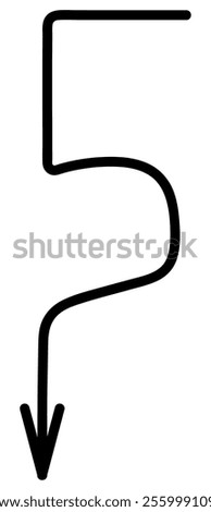 Arrow in the shape of number 5. Sketch. Black arrow, forming a hook and curving down. Hand drawn sign. Vector illustration. Outline on isolated white background. Doodle style. Idea for web design.