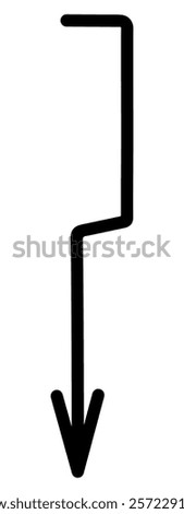 Arrow. Sketch. Hand drawn black pointer. Vector illustration. Arrow bent at right angles to the right, left and down. Outline on isolated white background. Doodle style. Idea for web design.