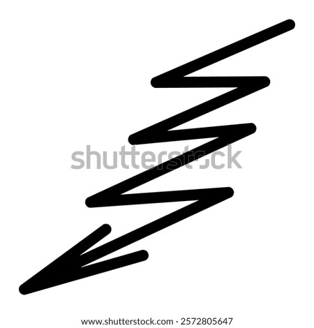 Arrow zigzag. Lightning. Sketch. Black curved arrow pointing down and left. Hand drawn pointer. Vector illustration. Outline on isolated white background. Doodle style. Idea for web design.