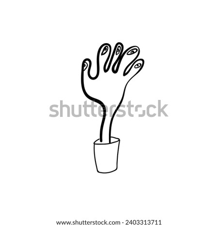 surreal object -- hand with eyes instead of nails in flower pot, vector line art