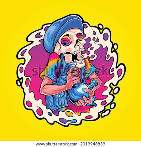 trippy skull smoking bong illustration