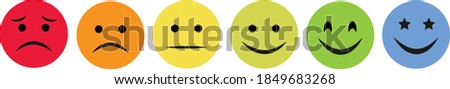 Smiley faces set, very happy, good, bad, very bad, terrible, so-so, customer rating opinion on white background