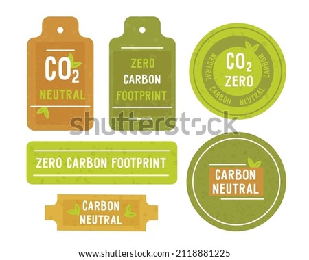 Carbon marking on label of food, clothing and other goods.  Set of price tags, sticker with information about environmental safety. Zero carbon footprint. Vector illustration