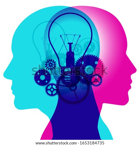 The mind machine of thinking - A male and female side silhouette positioned back to back, overlaid with various semi-transparent light bulbs and gears shapes.