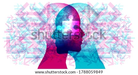 A female and male side silhouette positioned face to face overlaid with various semi-transparent pointing arrows. A white semi-transparent jigsaw piece is placed centred across the 2 side profiles. Foto d'archivio © 
