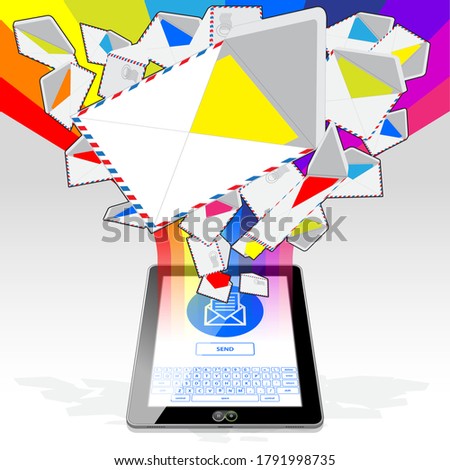 A (vertical) Tablet Computer, sending and receiving electronic mail. Illustrated is a stream of email randomly emitting / streaming from its display screen. Foto stock © 