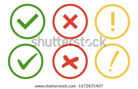 Check, alert and uncheck icons isolated on a white background.