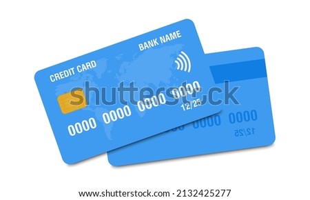 Credit card icon front and back. Realistic blue credit card with world map on white background. Vector