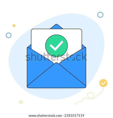 Opened envelope and document with green check mark line icon. Official confirmation message, mail sent successfully, e-mail delivery, verification email. Flat design. Vector
