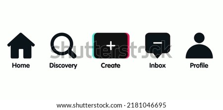 Menu button icon of social media. Home, discover, create, inbox, and profile. Vector